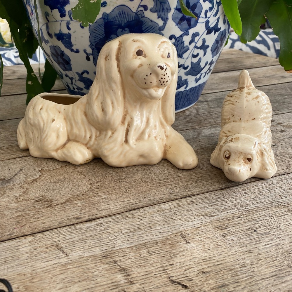 Charming Old Cream Ceramic Dog Figurine and Planter